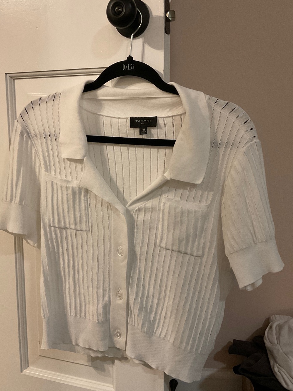 Tahari White Short Sleeve Button-Front Knit Polo Shirt